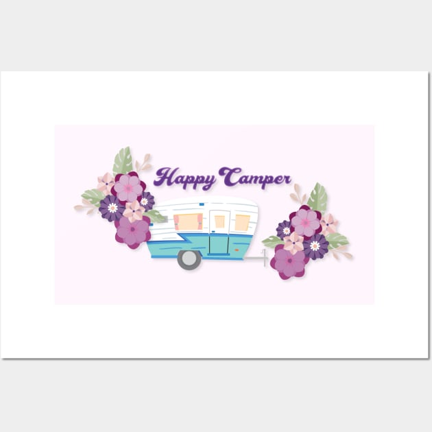 Happy Camper - Retro Trailer with Flowers Wall Art by RVToolbox